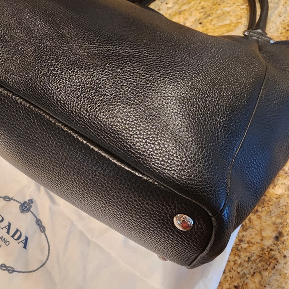 Prada Vitello Daino silver trim side pocket black Leather satchel crossbody tote - Picture 9 of 16